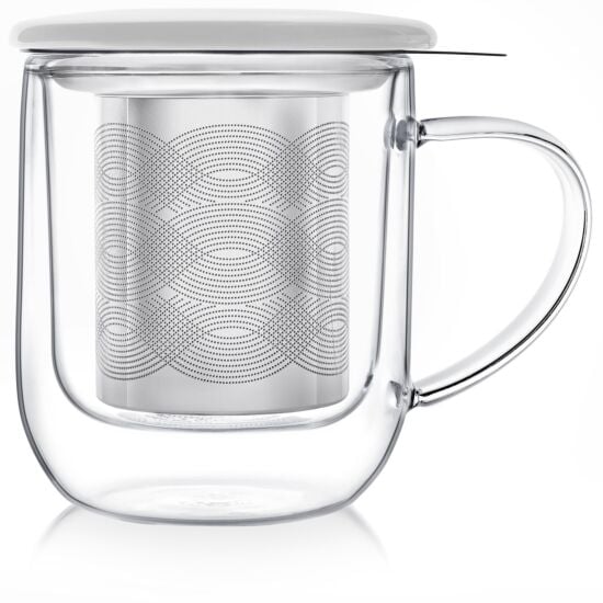 RADIANCE® DOUBLE WALL GLASS MUG WITH INFUSER & LID/COASTER-Snow White