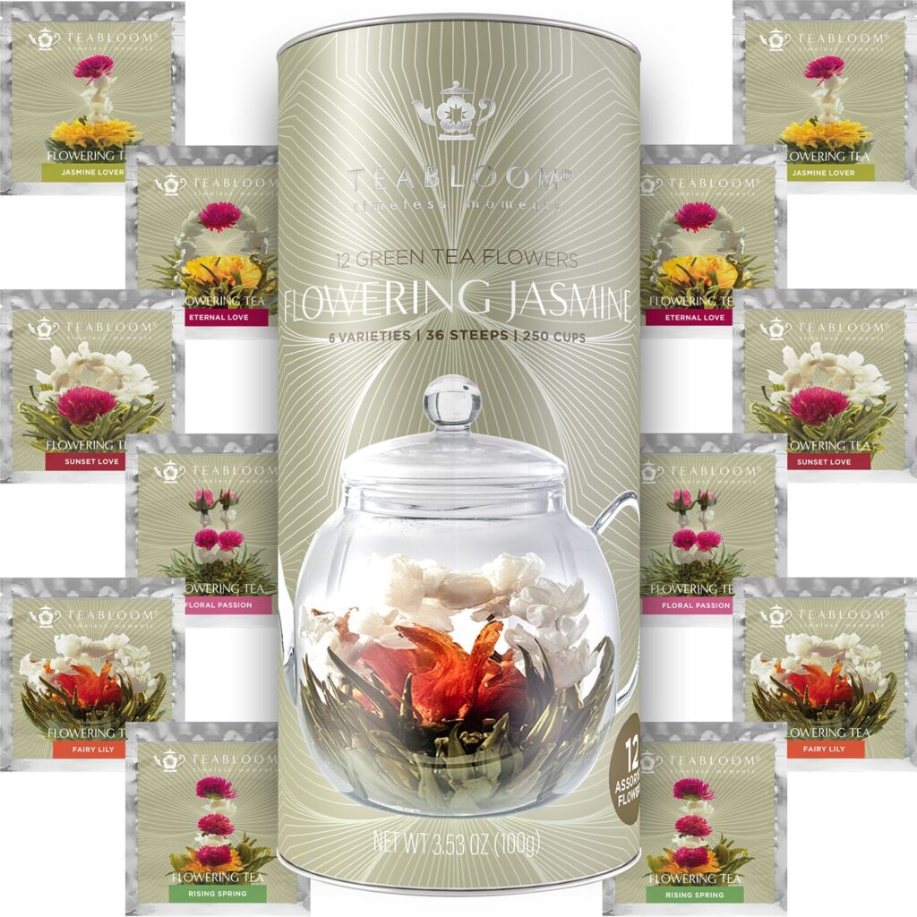 Teabloom Flowering Jasmine tea canister with 12 blooming teas as an idea for a bridal shower favor.