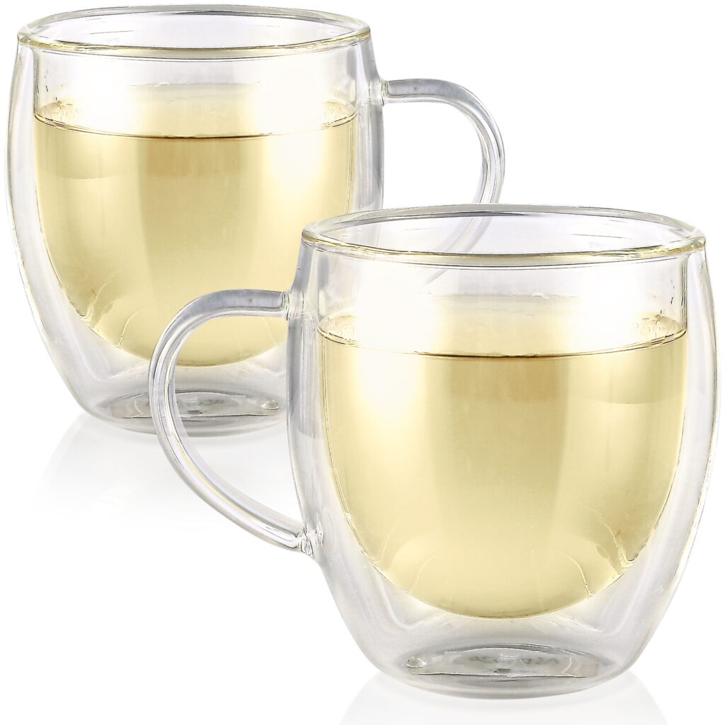 Two double-wall glass tea mugs for tea connoisseurs.
