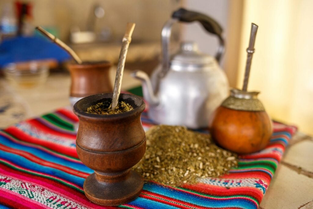 Three gourds of traditional yerba maté featured as one of the teas from around the world.