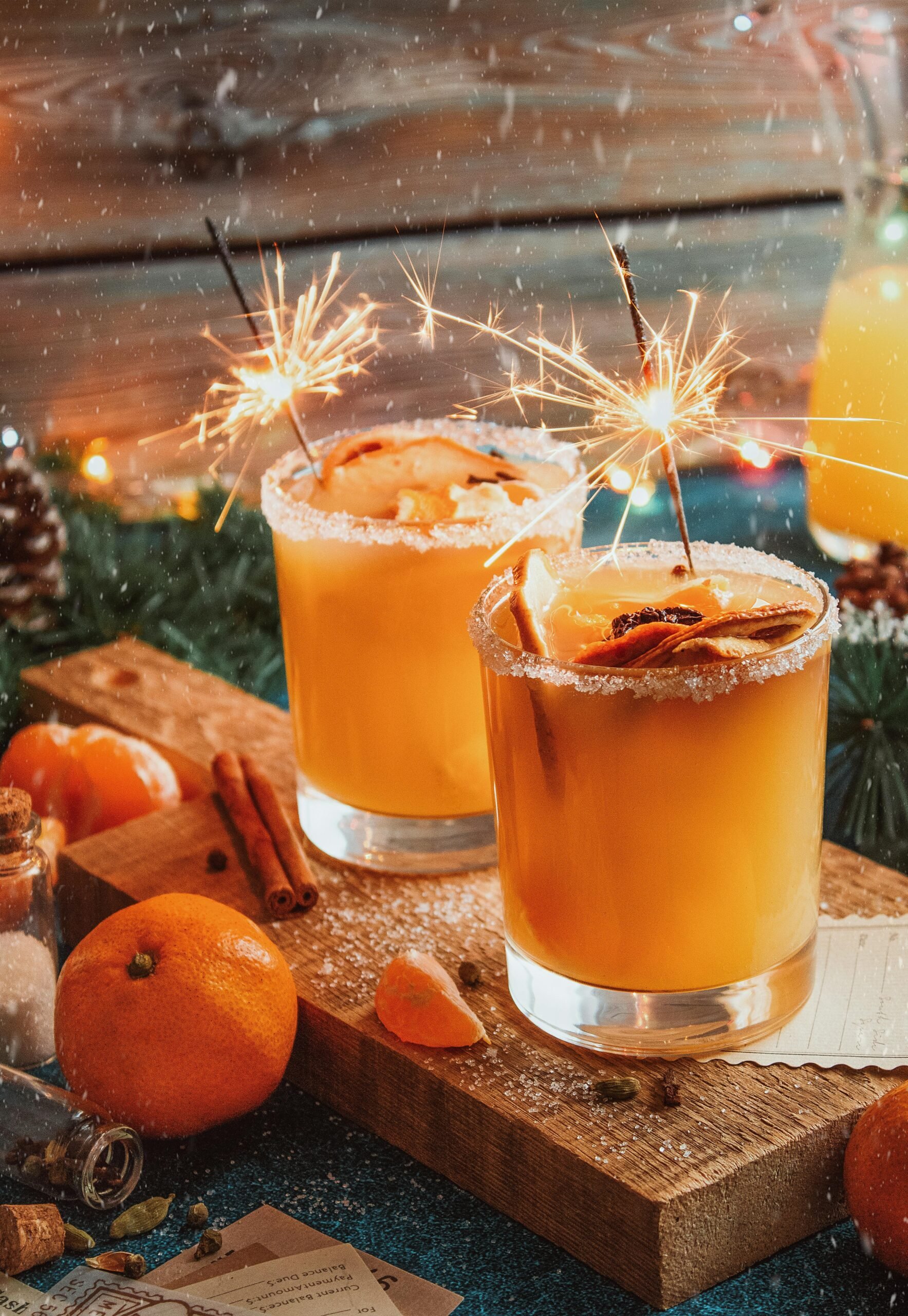 Orange and cinnamon holiday tea cocktails with sparklers on a wood cutting board.