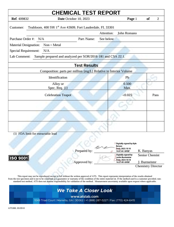 Chemical test report page one of two
