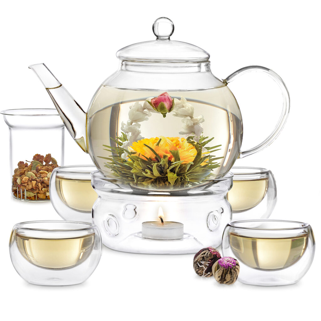 Teabloom’s lead-free borosilicate glass Celebration Flowering Tea Set