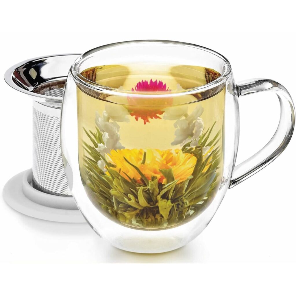 Teabloom Venice borosilicate glass mug and infuser with blooming tea