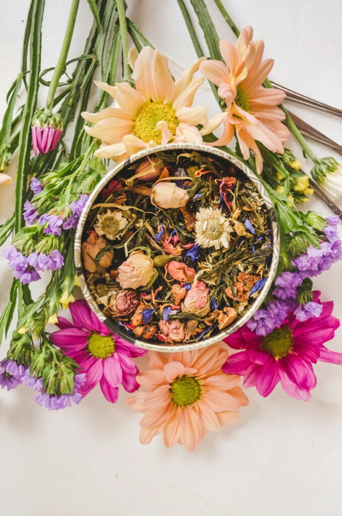 How to make herbal tea blend canister with fresh colorful flowers