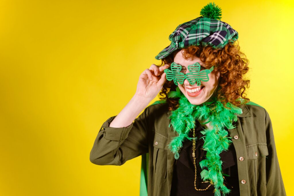 St. Patrick’s Day tea party theme woman with green shamrock glasses