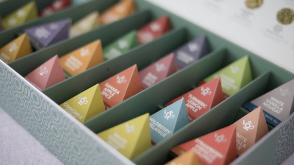 Tea on the go sachets in colorful pyramid packaging