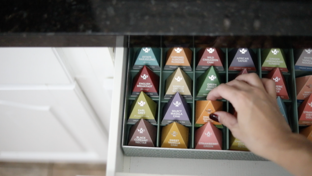 Teabloom ethical tea sachets in colorful pyramid packaging