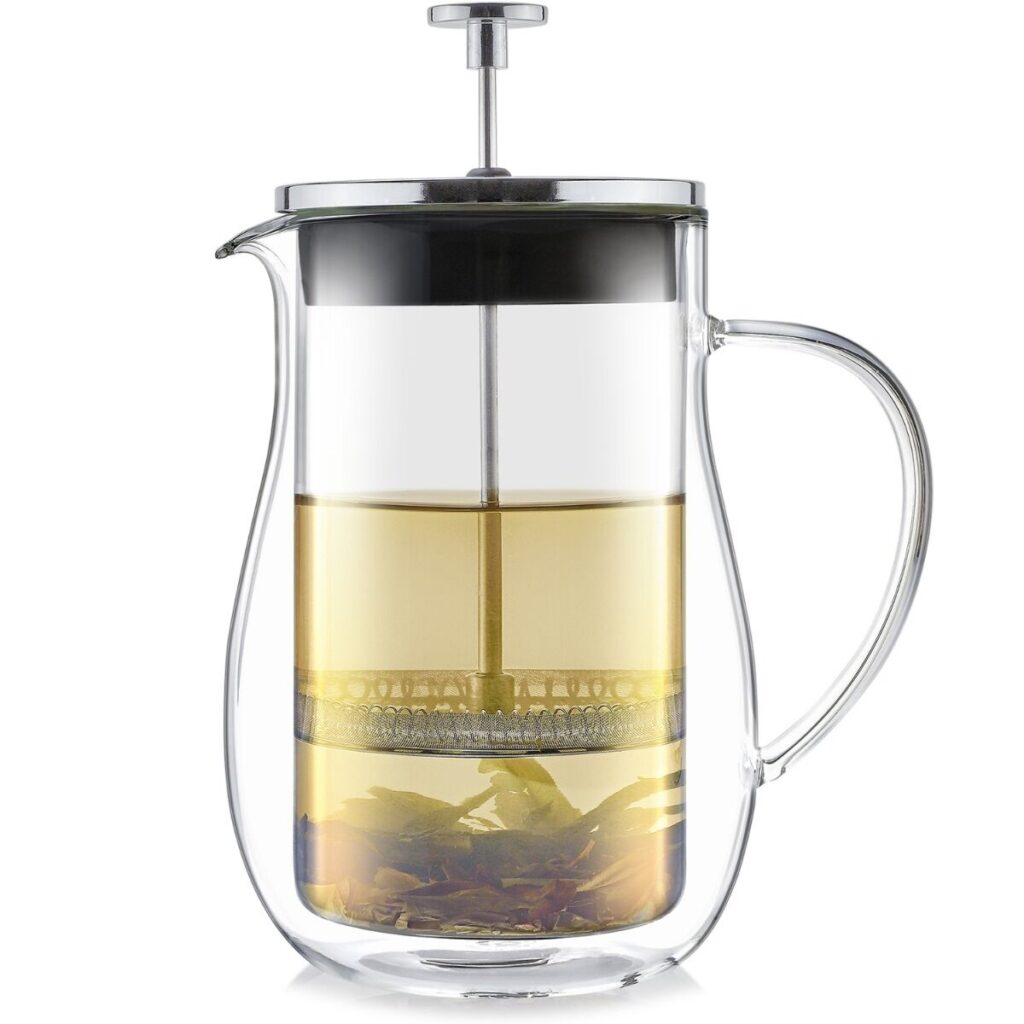 A double-walled glass French press for coffee, tea, and infused beverages.