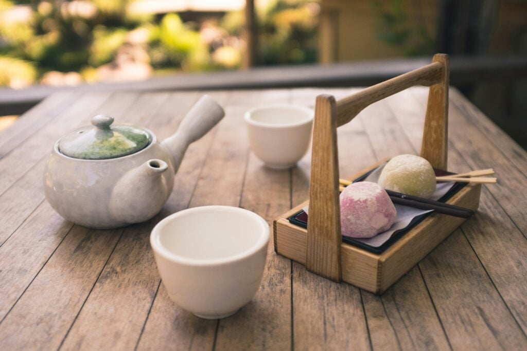 Small Japanese teapot size with teacups and tea treats