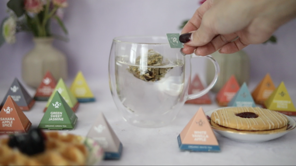 Sustainable tea compostable teabag and a glass tea mug