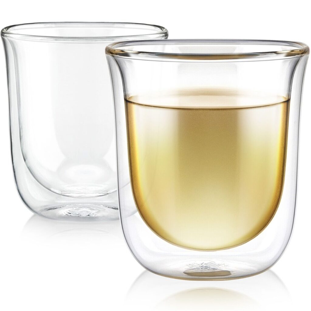 Two petite double-walled tasting teacups as a thoughtful tea present for Mother’s Day.