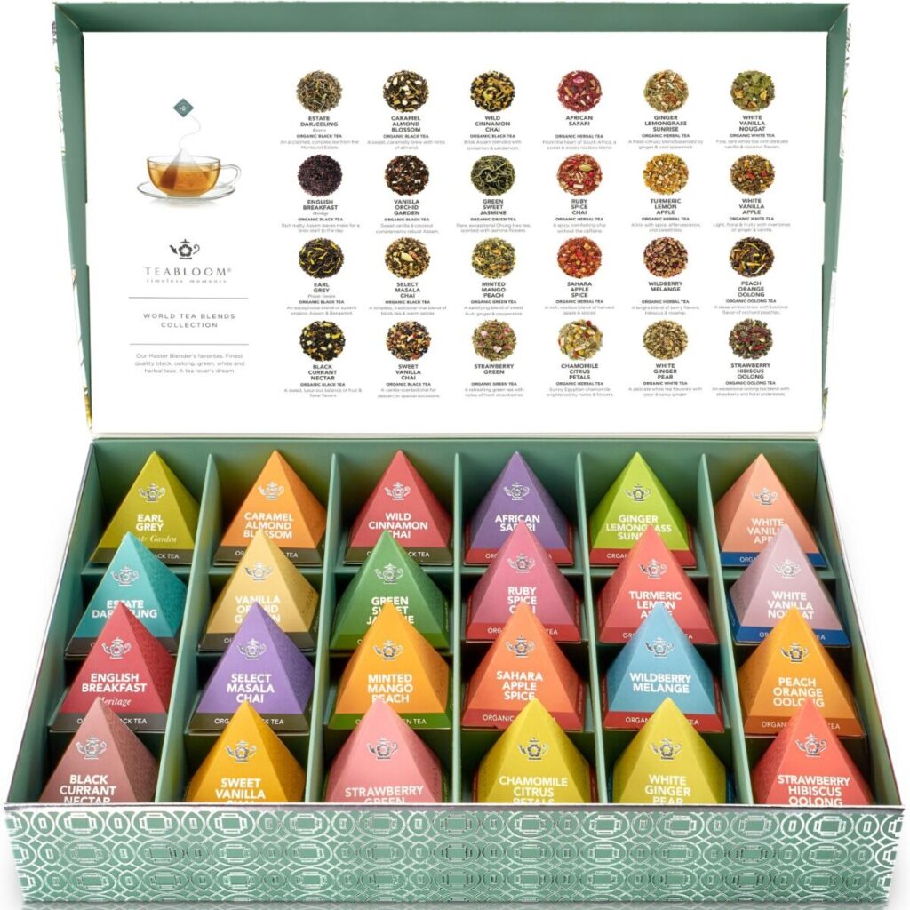 A colorful 24 tea sachet sampler in a beautiful presentation box.