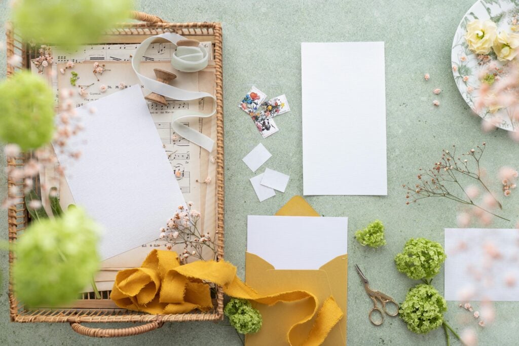 Dried flowers, paper, scissors, ribbon, and supplies to make invitations for a tea party birthday.