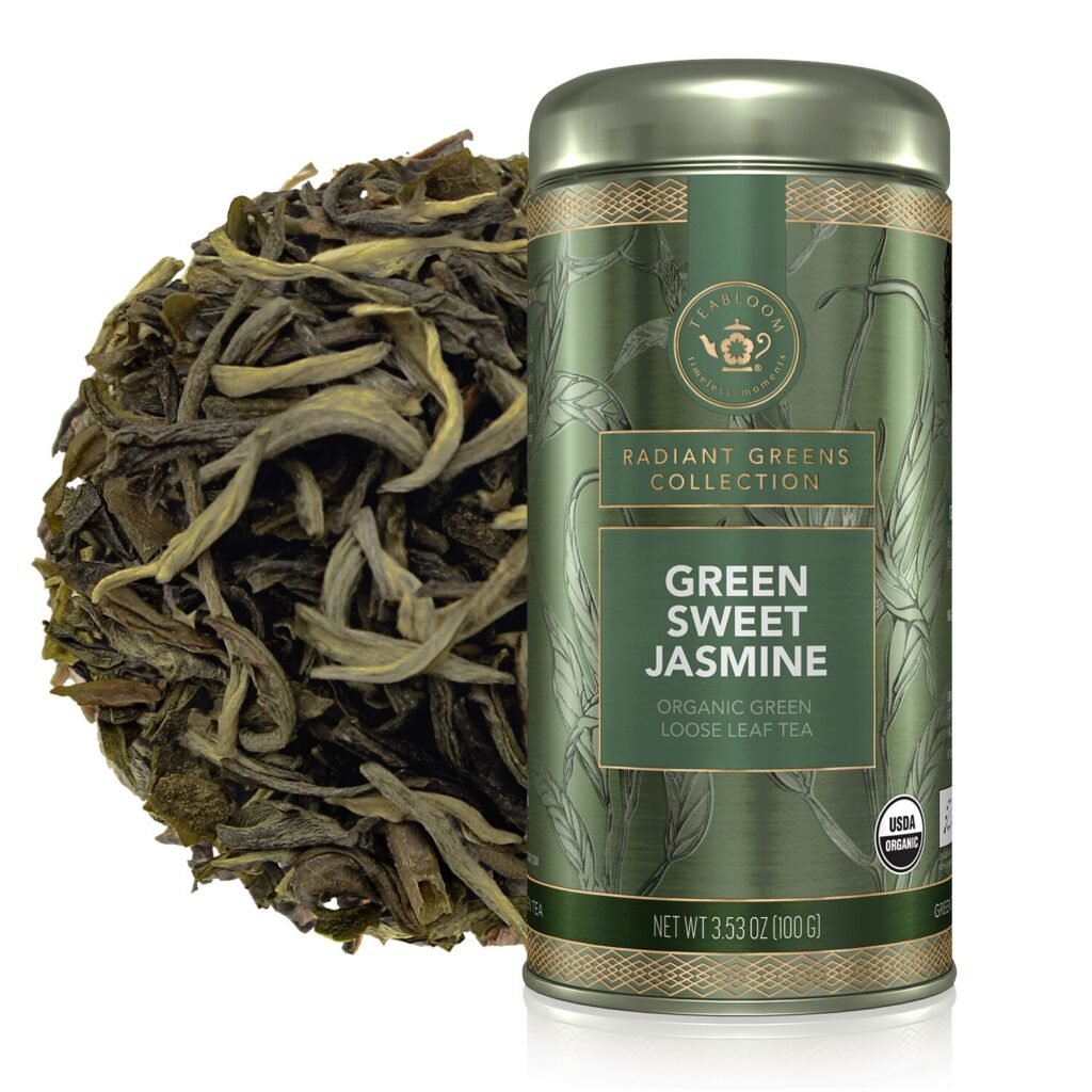 Teabloom’s Green Sweet Jasmine whole-leaf green tea canister and a closeup of tea.