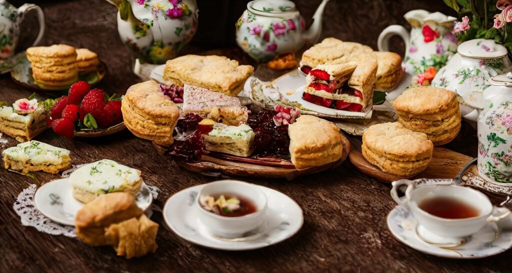 Holiday tea party display on a wooden table with teacups, treats, and flowery pots of tea.