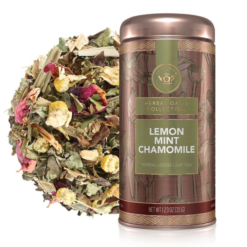 Teabloom’s Lemon Mint Chamomile whole-leaf herbal tea canister and a closeup of tea.