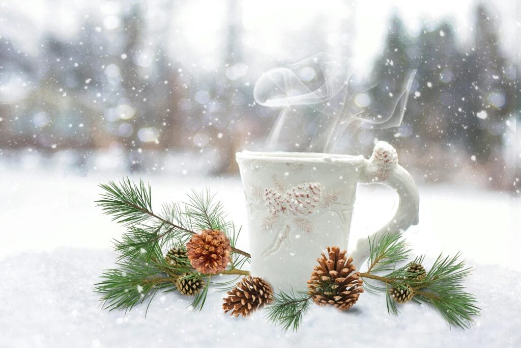 A white steaming mug of winter tea sitting on the snow with pinecone and pine leaf fronds.