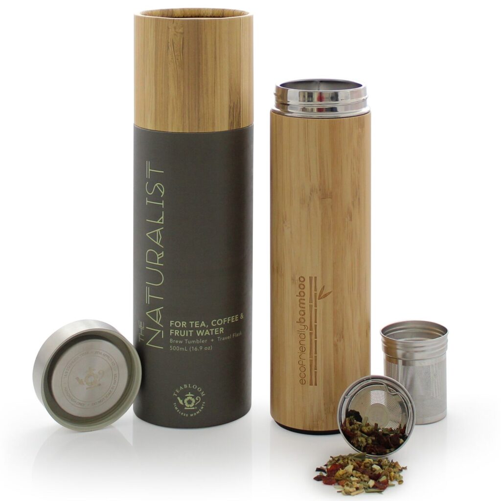 A bamboo tea thermos with an infuser and gift-ready packaging is an example of one of the best tea gifts for tea lovers.