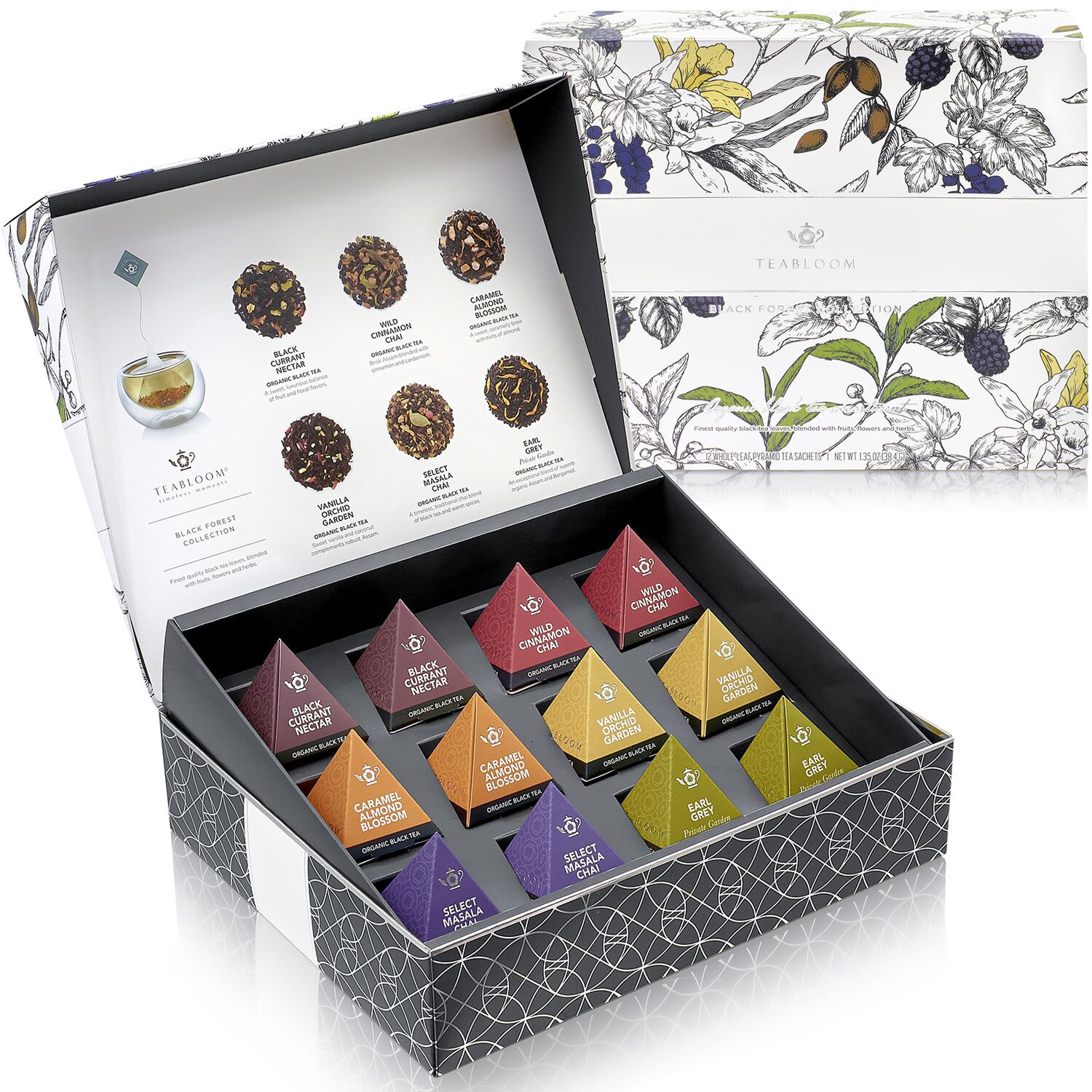 A tea sachet sampler with six kinds of black teas in a beautiful presentation box.