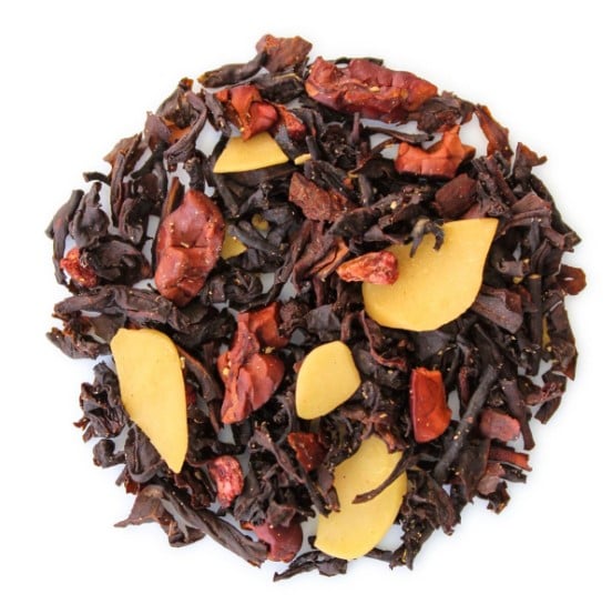 A colorful blend of black tea, cocoa bean, cocoa husks, and dried fruit for Teabloom’s Cocoa Cherry Noir tea.