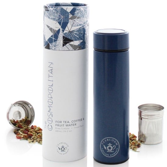 A blue tea tumbler with an infuser and lid is an example of one of the best tea gifts for tea lovers.