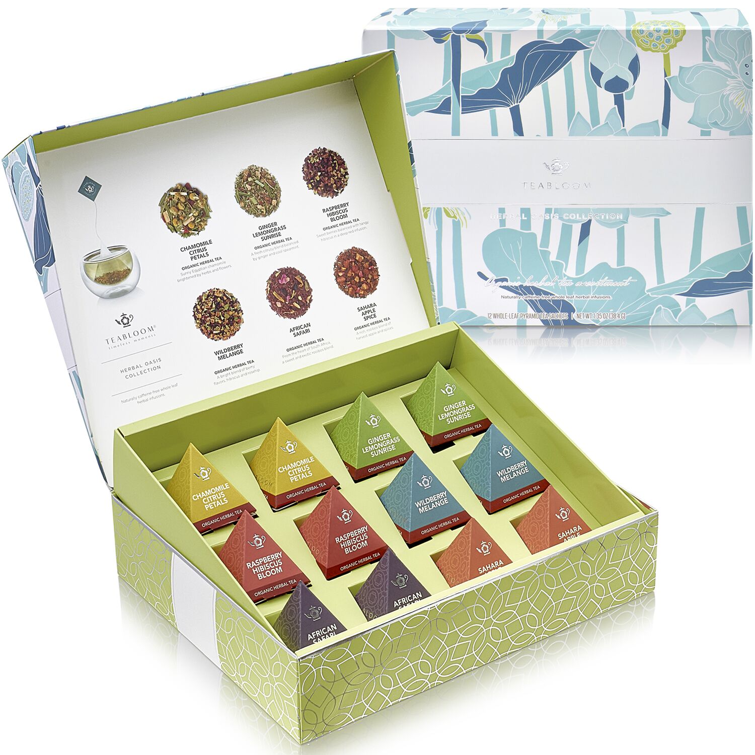 A green, blue, and white gift box with herbal teas in silk pyramid sachets.