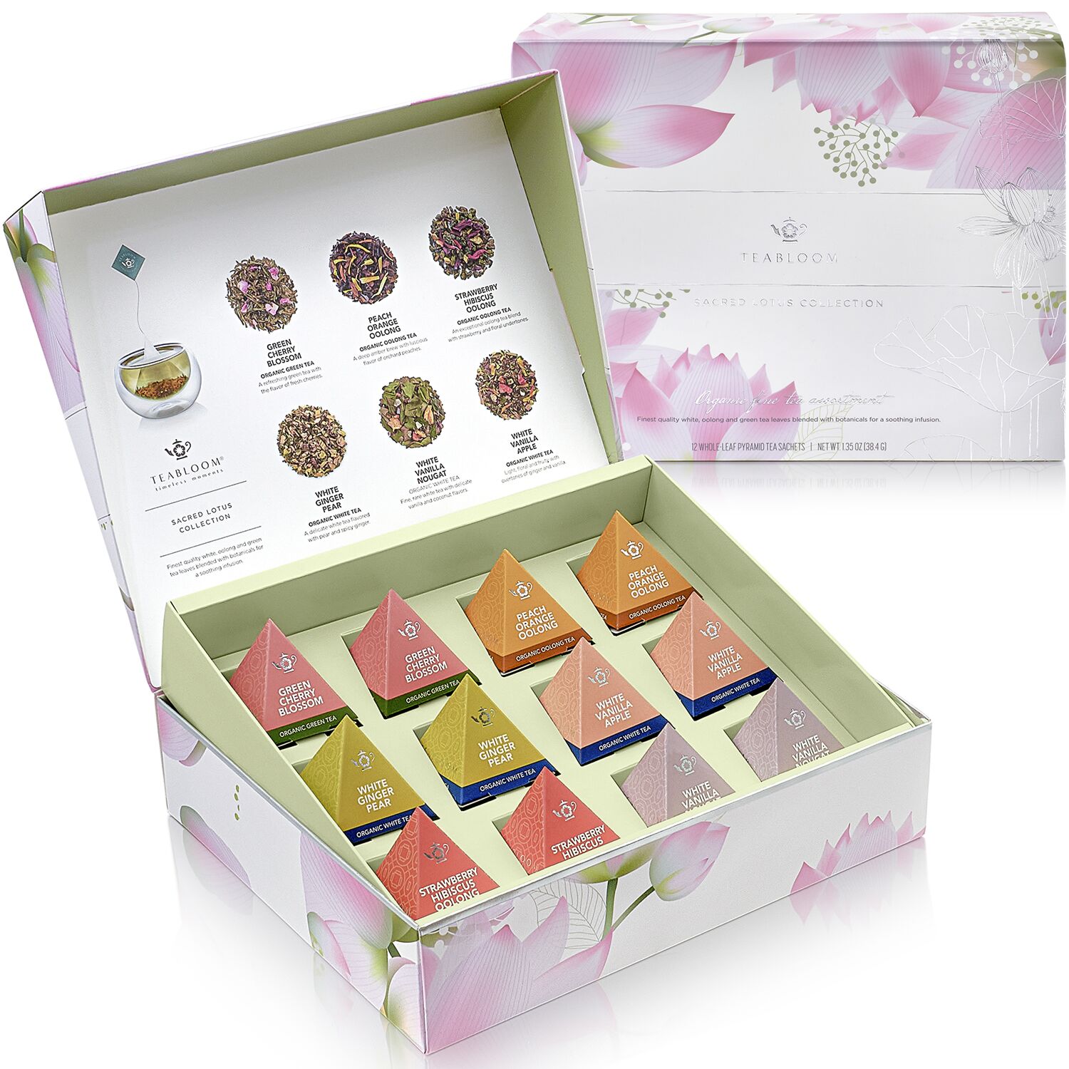 A white and pastel flower box filled with 12 colorful pyramid tea sachets.