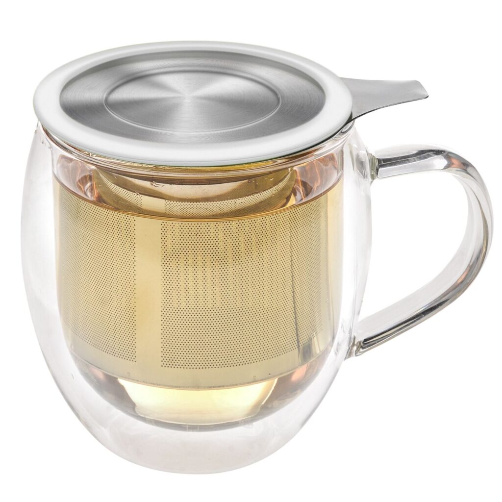 A large double-walled tea mug with a lid and an infuser for a tea gift.