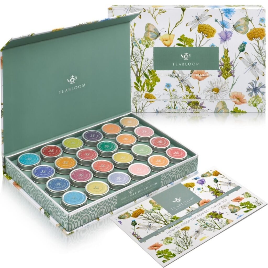 A variety of 24 loose-leaf teas in a beautiful and colorful presentation box is an example of one of the best tea gifts for tea lovers.