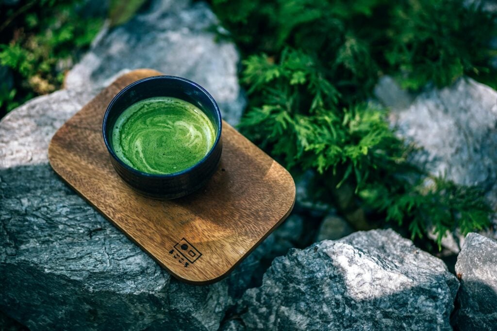 A cup of matcha on grey rocks next to green plants.